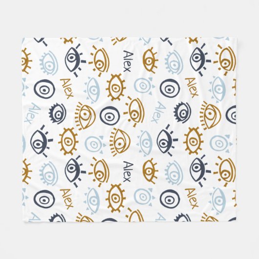 Monogrammed Evil Eye Pattern | Add Name Fleece Bla Deken (Voorkant (Horizontaal))