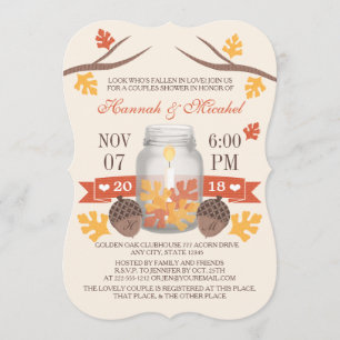 Monogrammed Fall Leaves Mason Jar Couples Shower Kaart