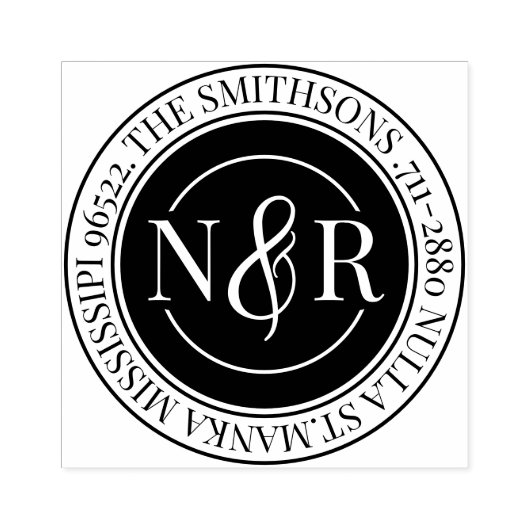Monogrammed familienaam retour adres circulair rubberstempel (Afrduk)
