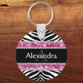 Monogrammed Faux Glitter Bling Zebra Meisjes Naam  Sleutelhanger (Voorkant)
