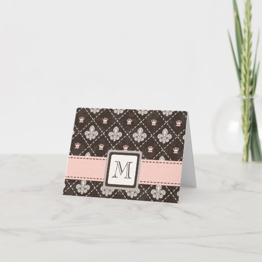 Monogrammed Fleur de Lis Note Cards Pink and Brown (Devant)