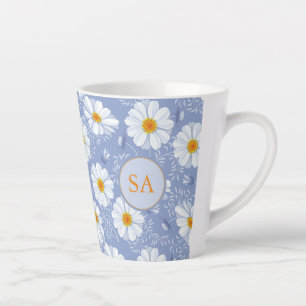 Monogrammed Floral Blue, Oranje, wit Latte Mok