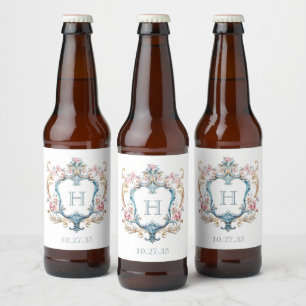 Monogrammed Floral Crest Wedding Bier Etiket
