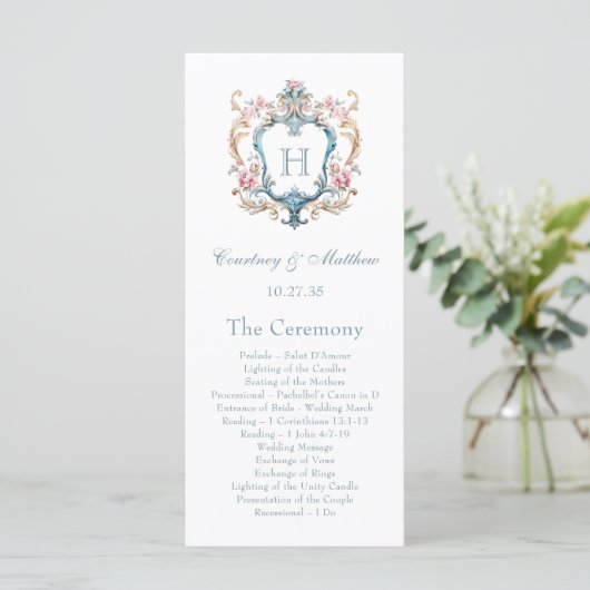  Monogrammed Floral Crest Wedding Programma (Staand voorkant)