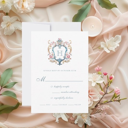  Monogrammed Floral Crest Wedding RSVP Kaartje