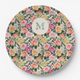  Monogrammed Floral Garden Rozen Elegant Papieren Bordje