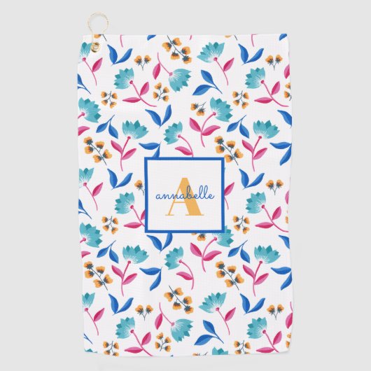 Monogrammed Folk Art Floral Pattern Golfhanddoek (Voorkant)