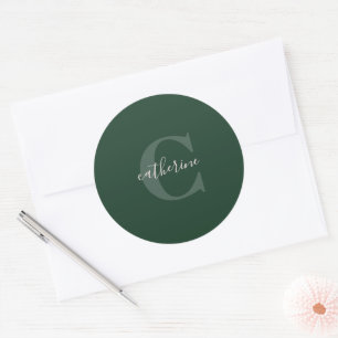 Monogrammed Forest Green Cute Girly Print Ronde Sticker
