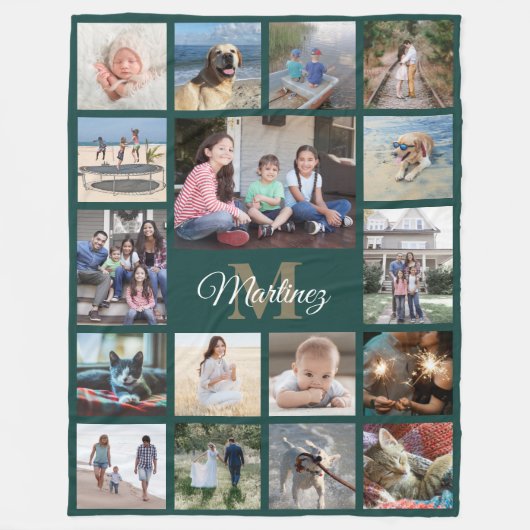 Monogrammed Fotocollage Elegant Groen en Goud Fleece Deken (Voorkant)