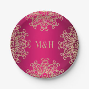 Monogrammed Fuchsia and Gold Indian Style Wedding Papieren Bordje