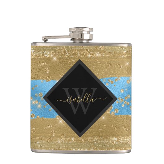 Monogrammed Fun Modern Gold Glitter Script Heupfles (Voorkant)