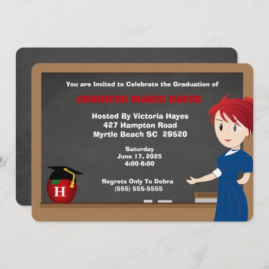 Monogrammed Fun Teacher Afstuderen Invitation Kaart (Voorkant / Achterkant)