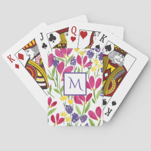 Monogrammed Garden Flowers Pink Paars Geel Pokerkaarten