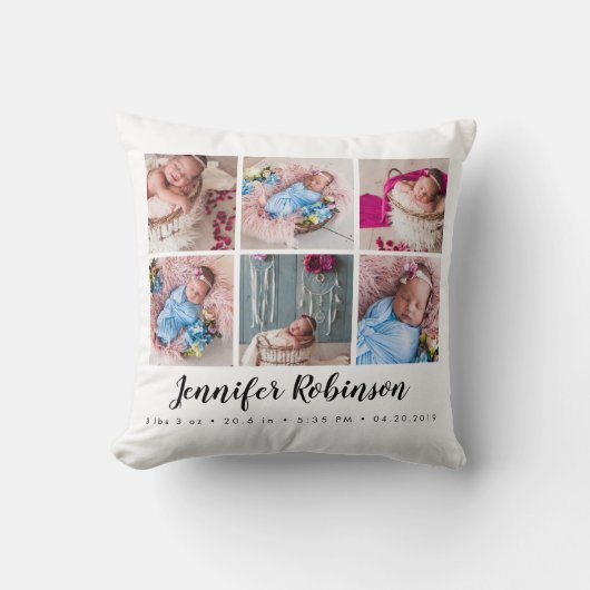Monogrammed Geboorte Stat Wit Foto Kussen (Voorkant)