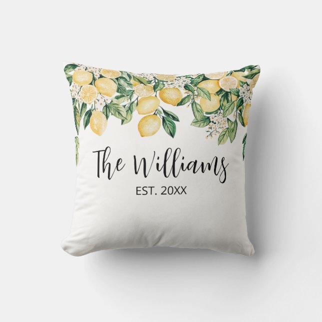 Monogrammed gele citroenboom kussen (Voorkant)