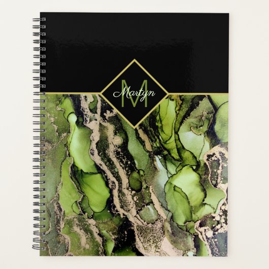 Monogrammed genaamd Black Green Gold Abstract Planner (Voorkant)