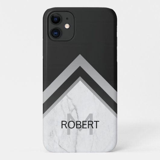 Monogrammed Geometric Chevron Black Silver Marble Case-Mate iPhone Case (Achterkant)