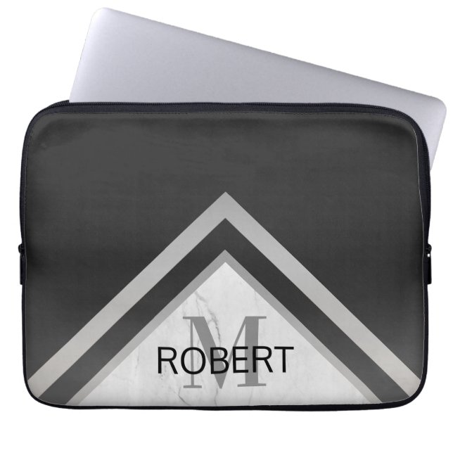 Monogrammed Geometric Chevron Black Silver Marble Laptop Sleeve (Voorkant)
