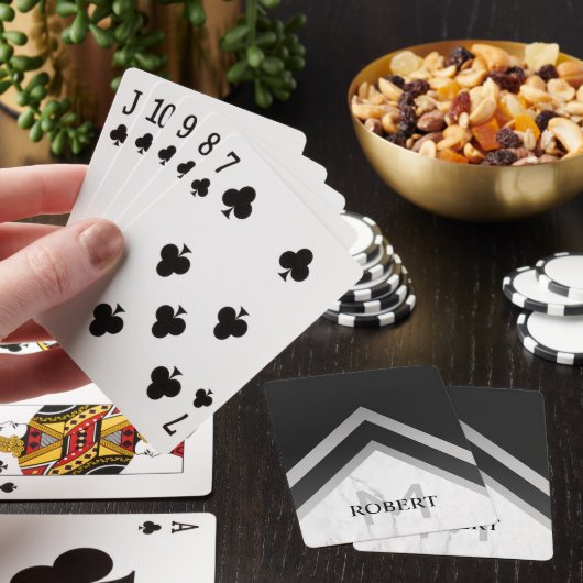Monogrammed Geometric Chevron Black Silver Marble Pokerkaarten (Insitu)