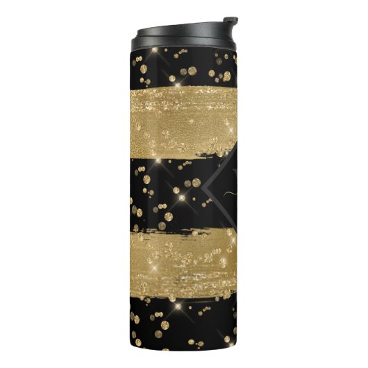Monogrammed Girly Modern Black Gold Glitter Script Thermosbeker (Gedraaid links)