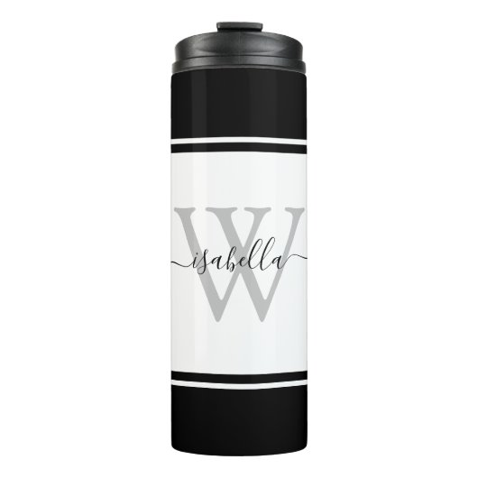 Monogrammed Girly Modern Trendy Script Black White Thermosbeker (Voorkant)
