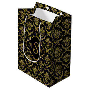 Monogrammed Gold & Black Floral DamasPattern Medium Cadeauzakje