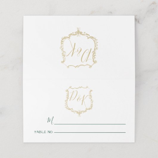 Monogrammed Gold Crest en Forest Green Wedding (Buitenkant ongevouwen)