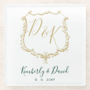 Monogrammed Gold Crest en Forest Green Wedding Glazen Onderzetter