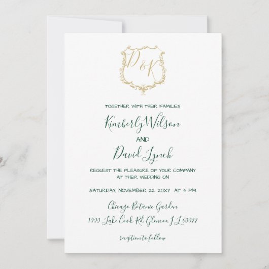 Monogrammed Gold Crest en Forest Green Wedding Kaart (Voorkant)