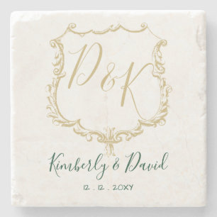 Monogrammed Gold Crest en Forest Green Wedding Stenen Onderzetter
