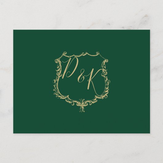 Monogrammed Gold Crest Groene Bruiloft RSVP Briefk Uitnodiging Briefkaart (Voorkant)