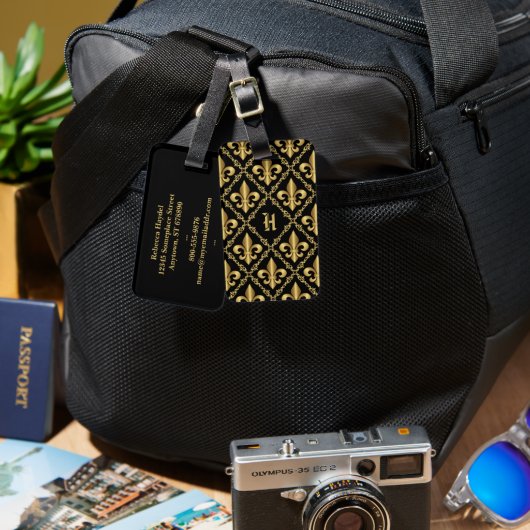 Monogrammed Gold Fleur-de-Lis Pattern Bagagelabel (Voorkant /achterkant)