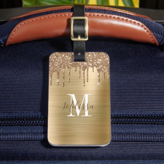 Monogrammed Gold Glitter Drip Metal Bagagelabel (Voorkant Insitu 2)