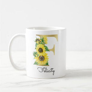 Monogrammed Gold Sunflower Floral Initiaal F Koffiemok
