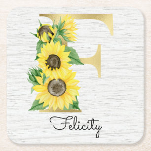 Monogrammed Gold Sunflower Floral Initiaal F Vierkante Kartonnen Onderzetter