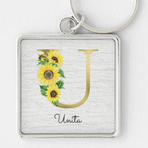 Monogrammed Gold Sunflower Floral Initiaal U Sleutelhanger