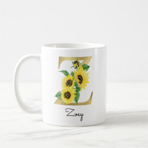 Monogrammed Gold Sunflower Floral Initiaal Z Koffiemok