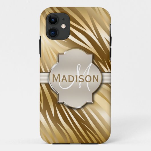 Monogrammed Gold Zebra Print Pattern Case-Mate iPhone Case (Achterkant)
