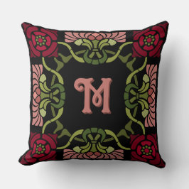 Monogrammed Gothic Art Nouveau Roos en Dahlia Reds Kussen