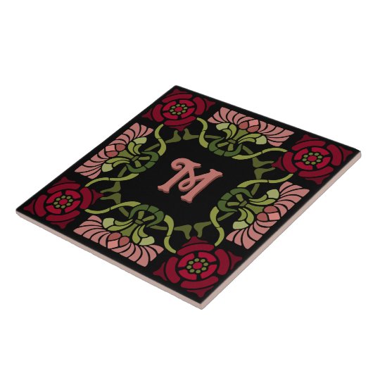 Monogrammed Gothic Art Nouveau Roos en Dahlia Reds Tegeltje (Zijkant)