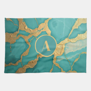 Monogrammed Goud & Blauwgroen Luxe Marmer Theedoek