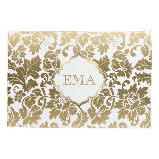 Monogrammed Gouden Bloemen Damast Kussensloop (Achterkant)