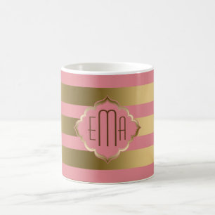 Monogrammed Gouden Strepen & Roze Geometrisch Patr Koffiemok