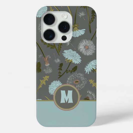 Monogrammed Gray Blue Dandelion Whimsical Flowers Case-Mate iPhone Case (Achterkant)