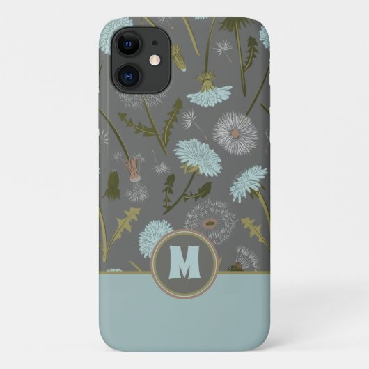 Monogrammed Gray Blue Dandelion Whimsical Flowers Case-Mate iPhone Case (Achterkant)