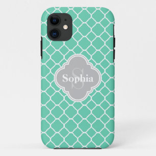 Monogrammed Gray Mint Quatrefoil Patroon iPhone 11 Hoesje