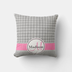 Monogrammed Gray Pink Houndstooth Pattern Kussen