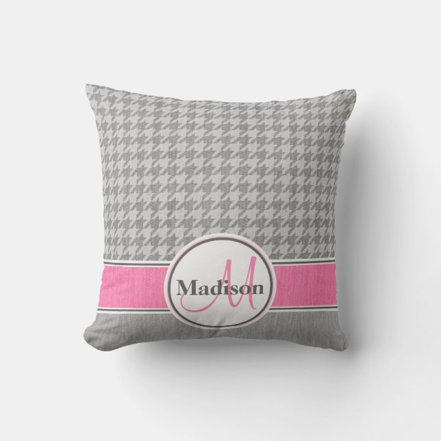 Monogrammed Gray Pink Houndstooth Pattern Kussen (Voorkant)