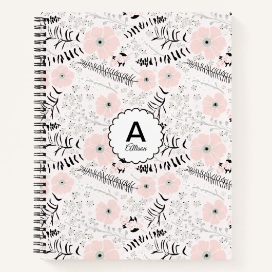 Monogrammed Gray Pink Patterned Whimsical Flowers Notitieboek (Voorkant)