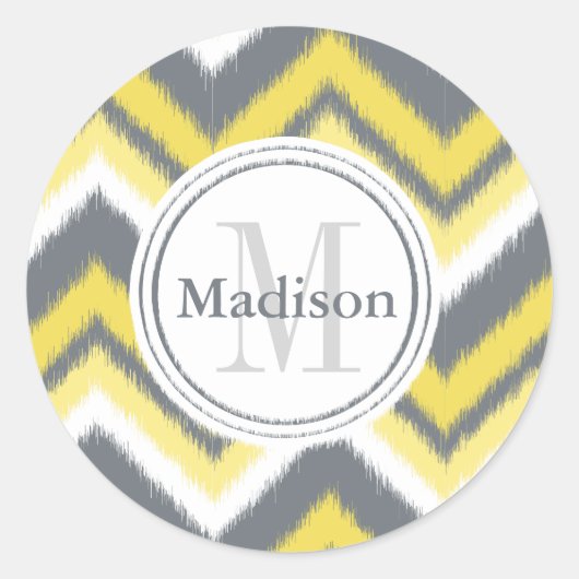 Monogrammed Gray Yellow Ikat Chevron Pattern Ronde Sticker (Voorkant)